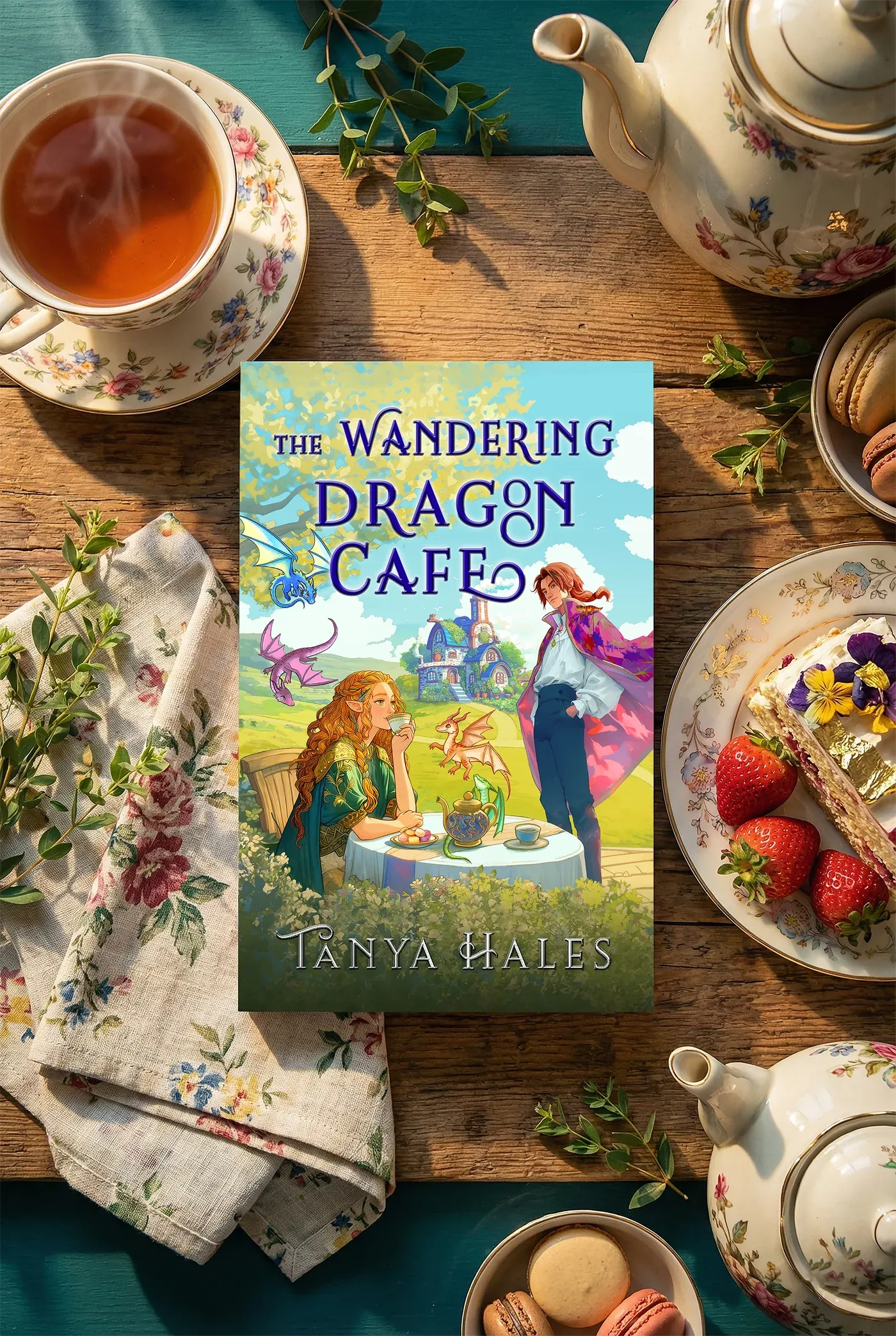 The Wandering Dragon Café in paperback, lying on a wooden table among floral china — a cup of tea, a teapot, macarons, cake with edible flowers and strawberries.