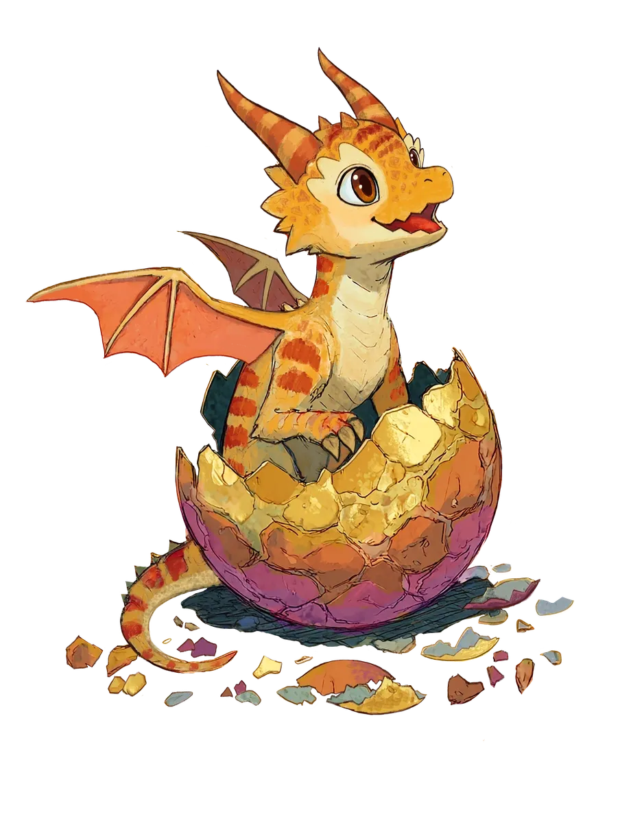 Crumpet, a kitten-sized drakeling with creamy gold scales and coral stripes.