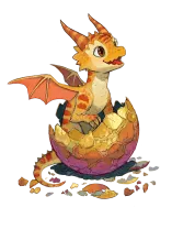 Crumpet, a small golden drakeling with coral stripes, looking up expectantly.