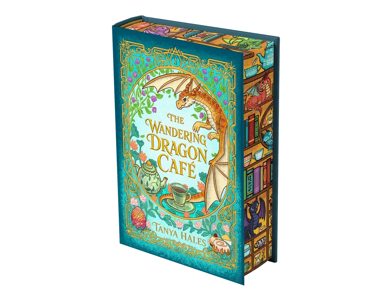 A mockup of The Wandering Dragon Café in hardcover: teal boards with a gold frame around a dragon curled over a teacup.