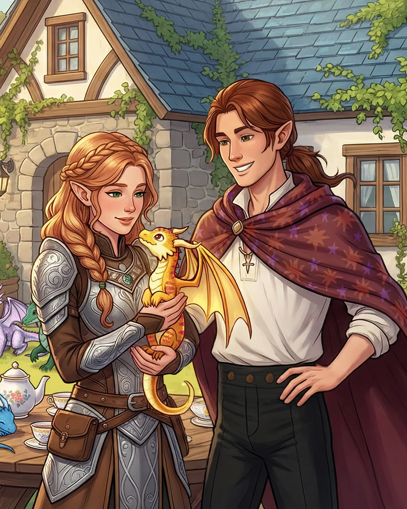 The garden of the Wandering Dragon Café: Thirza in armour holding a small golden dragon, beside Simeon in a star-patterned cloak, outside an ivy-covered stone cottage. A bard plays a lute, a waiter carries pastries, and nine baby dragons in different colours play across the lawn and a tea table.