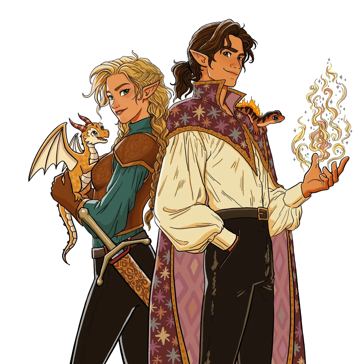 Thirza Von Baer in armour, holding the drakeling Crumpet, standing back to back with the wizard Simeon Gwilliams.